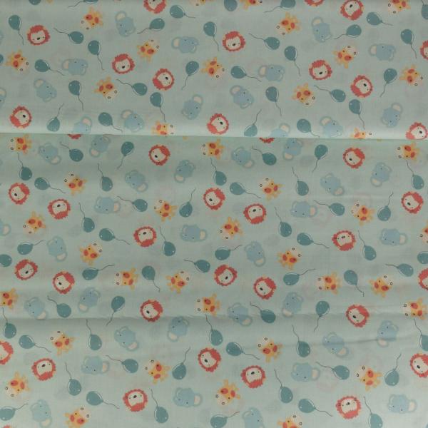 Baumwolldruck Tiger, Elefant, Giraffe mit Luftballons auf Mint